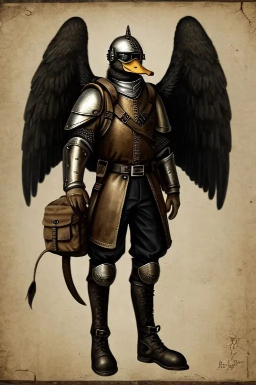 This image shows a duck wearing a suit of armor. The duck is standing on two legs and has its arms outstretched to the sides. It is wearing a helmet, a breastplate, and a pair of boots. The duck's wings are spread out behind it.