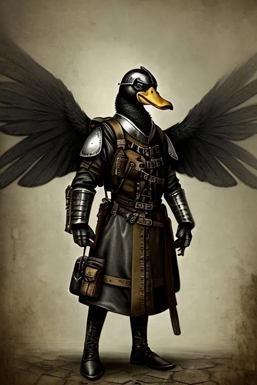 This image shows a duck wearing a suit of armor. The duck is standing on two legs and has its wings folded against its back. It is wearing a helmet with a visor, and there is a sword hanging from a baldric around its neck. The duck is also wearing a breastplate, shoulder guards, and greaves. It has a pouch hanging from its belt and a pair of boots on its feet.