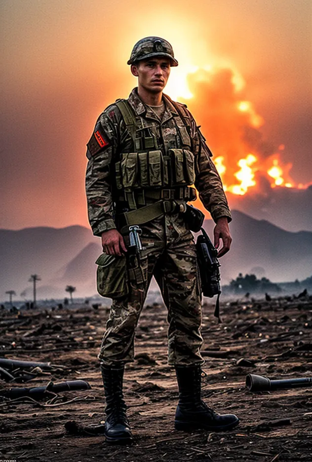 A soldier stands in a war zone. He is wearing a helmet and a flak jacket. He is carrying a gun. The background is a fiery orange.