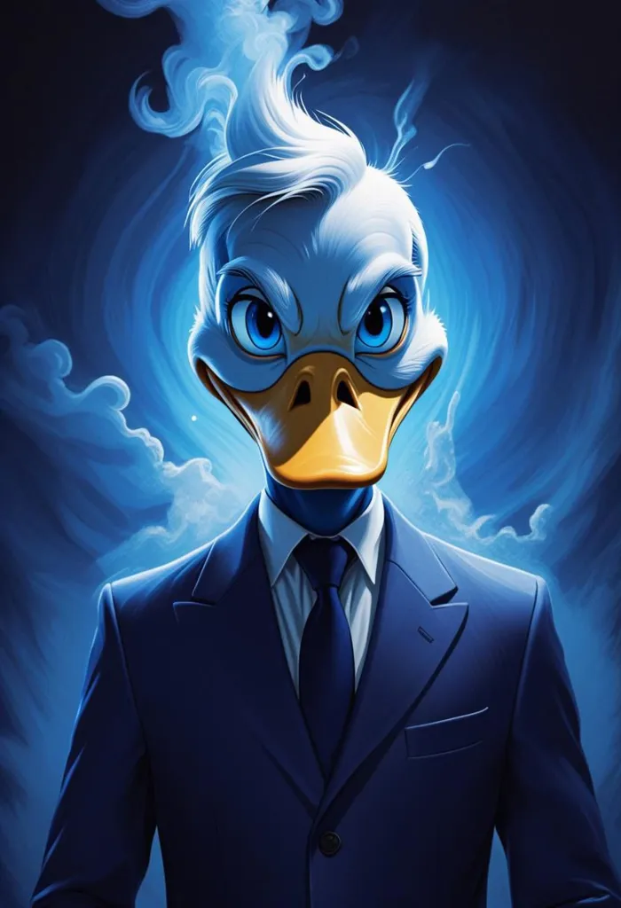 This is an image of a duck wearing a suit and tie. The duck has white feathers and blue eyes, and it is looking at the viewer with a serious expression. The duck is standing in front of a blue background with white clouds.