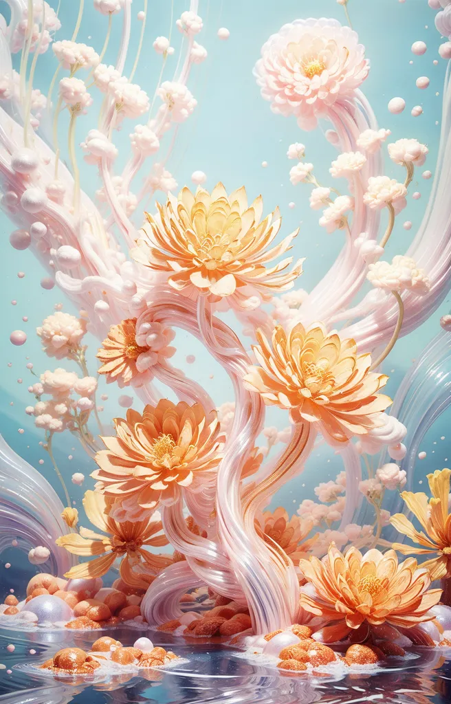 The image is a surreal underwater scene. Peach-colored flowers with yellow centers are arranged on a central stalk that branches out like a tree. The flowers and stalk are made of a material that looks like a cross between metal and glass. There are small bubbles and pearls scattered throughout the image, and the background is a pale blue-green color. The overall effect is one of beauty and tranquility.