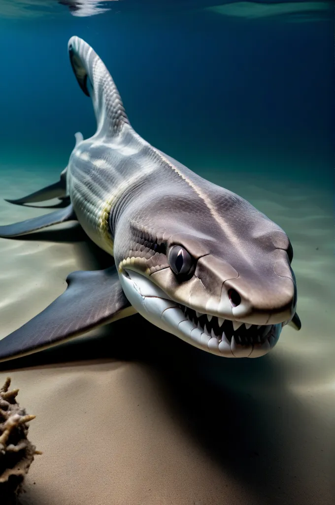 This image shows a shark with a long, serpentine body. Its skin is a mottled gray and white color, and it has large, dark eyes. Its mouth is open, and its teeth are bared. The shark is swimming in a dark blue ocean, and the light from the surface is reflecting off of its scales. The shark is a fearsome creature, and it is clear that it is a predator.