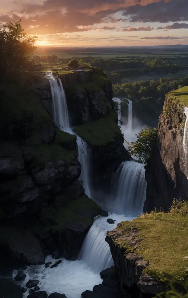 The image is of a waterfall in a valley. The waterfall is surrounded by a lush green forest. The water is falling from a height of several hundred feet. The sun is setting in the background, casting a golden glow over the scene. The waterfall is a popular tourist destination, and it is easy to see why. It is a beautiful and awe-inspiring sight. The sound of the water falling is deafening, and the mist from the waterfall is refreshing. It is a place where one can relax and enjoy the beauty of nature.