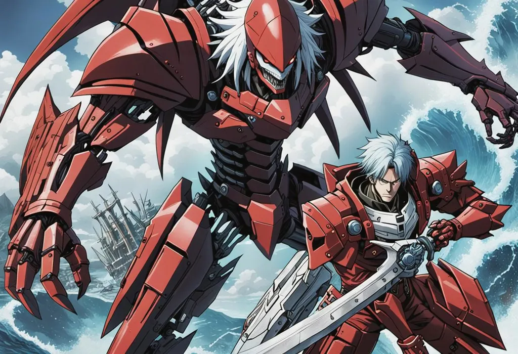 This is an illustration of two characters from an anime. The characters are both wearing red armor and have white hair. The one on the left is a large robot with a red and grey body. The one on the right is a man with a red and white suit of armor and a sword. They are both standing in front of a large wave.