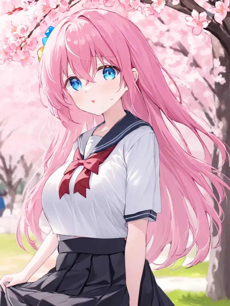 The image is of a young girl with pink hair and blue eyes. She is wearing a white shirt with a blue collar and a black skirt. She is standing in a field of cherry blossoms. The girl is looking at the viewer with a shy expression on her face.