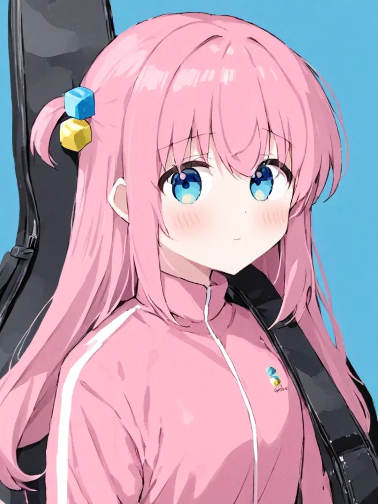 The image shows a young girl with pink hair and blue eyes. She is wearing a pink tracksuit with a white stripe down the side. She is carrying a black guitar case on her back. The girl is standing in front of a blue background. She has a shy smile on her face and is looking to the right.