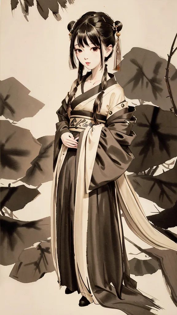 L'image montre une jeune femme vêtue d'une robe traditionnelle chinoise. Elle a de longs cheveux noirs, des yeux rouges et un sourire doux. Elle porte une longue robe noire avec des bordures blanches et une écharpe blanche. La robe a des détails complexes et une longue traîne flottante. L'arrière-plan de l'image est gris pâle avec quelques formes de feuilles gris foncé. La femme est debout dans une pose gracieuse, la main gauche tenant son poignet droit.