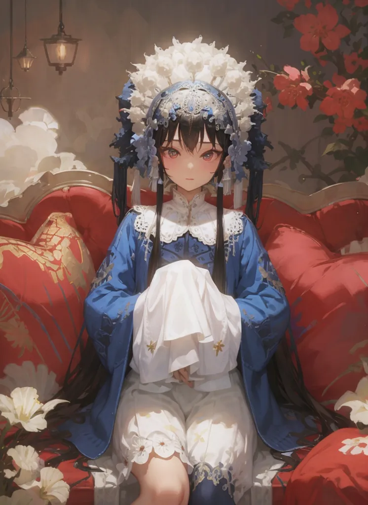 The picture shows a girl with long black hair sitting on a red sofa. She is wearing a blue and white traditional Chinese dress with a white collar. The dress has blue and white floral patterns. She is also wearing a blue and white hat with white flowers on it. The girl is sitting with her hands in her lap and is looking at the viewer with a gentle smile. There are red pillows with patterns on the sofa. There are also white and pink flowers on the ground.