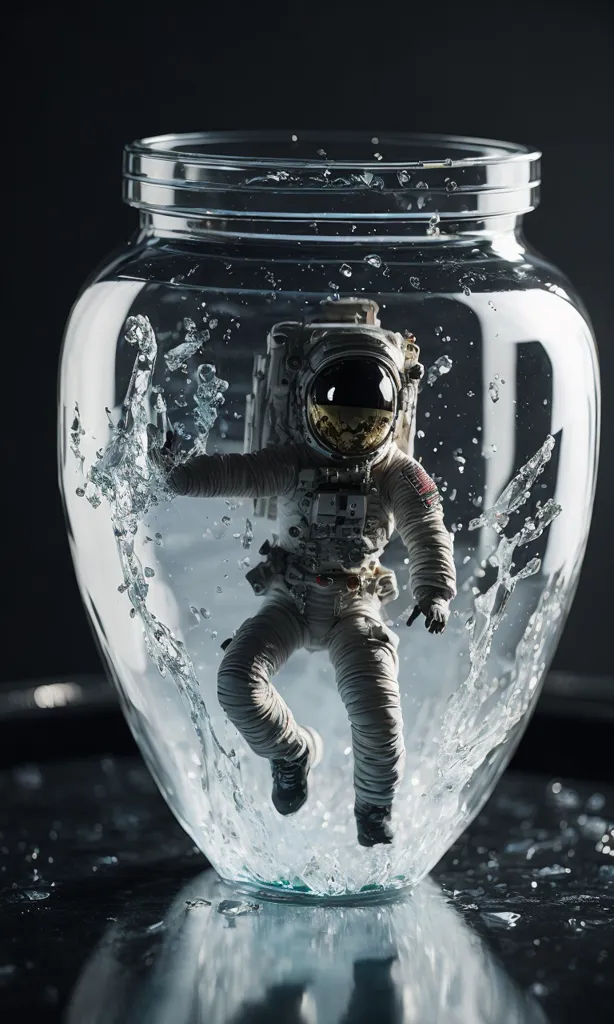 This is an image of an astronaut floating inside a glass jar filled with water. The astronaut is wearing a white spacesuit with a clear helmet. He is floating upside down near the top of the jar with his arms and legs outstretched. Water droplets are splashing around him. The jar is sitting on a reflective surface with a dark background.