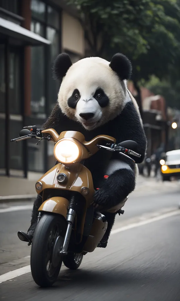 The image shows a panda riding a motorcycle. The panda is wearing a black and white panda suit and a helmet. It is sitting on a brown motorcycle and is holding the handlebars with both hands. The panda is looking straight ahead. The motorcycle is moving down a city street. There are cars parked on the side of the street and a tree in the background.