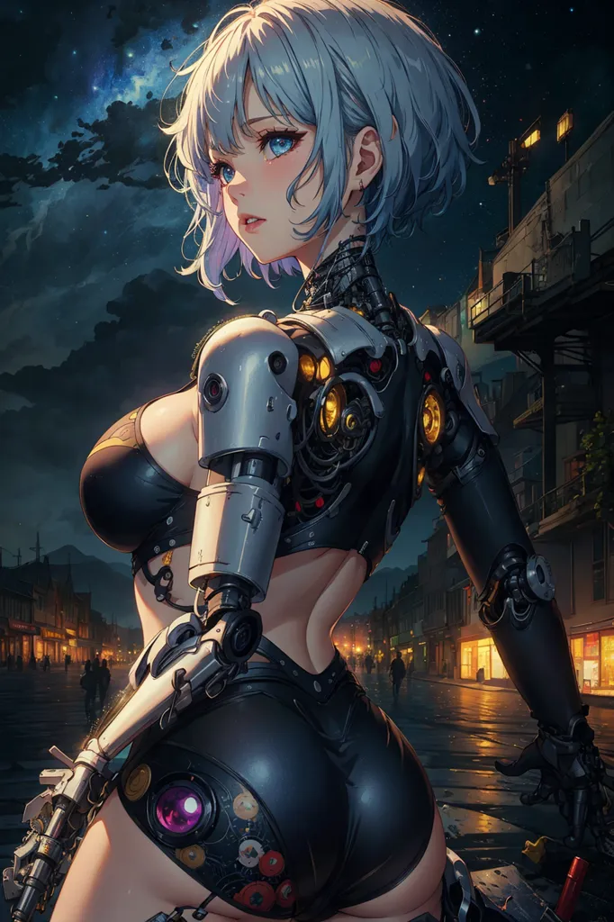 The picture shows a female character with short blue hair and blue eyes. She is wearing a black and yellow outfit. The character is standing in a dark place with a city in the background. The character has a robotic arm and leg.