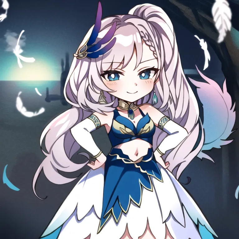 The image shows an anime-style girl with long white hair and blue eyes. She is wearing a white and blue dress with a feather-like design on the skirt. She has a confident smile on her face and is standing with her hands on her hips. There are white feathers floating around her.