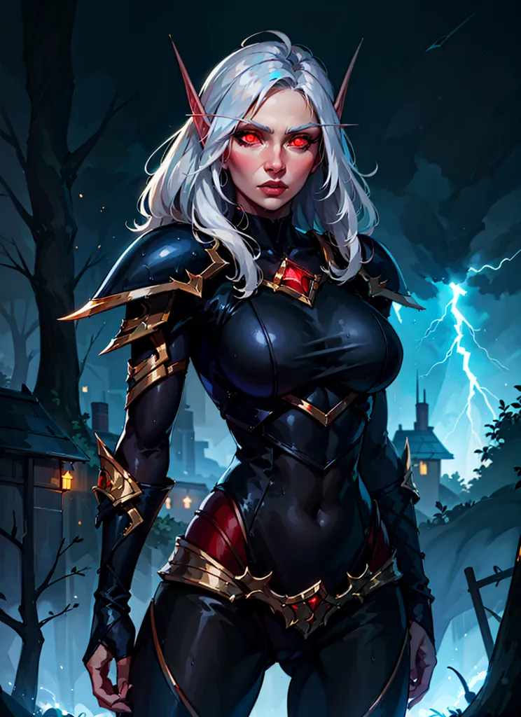 The picture shows a female blood elf from the Warcraft universe. She has pale skin, long white hair, and red eyes. She is wearing a black and red bodysuit with gold trim and has a red crystal embedded in her chest. She is also wearing a pair of black boots and a pair of black gloves. She is standing in a dark forest, with a storm raging in the background.