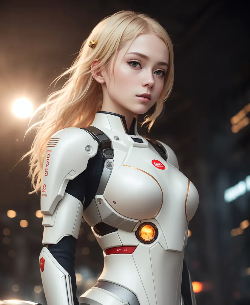 L'image représente une belle jeune femme aux longs cheveux blonds et aux yeux bleus. Elle porte une armure futuriste blanche et grise avec des détails orange. L'armure porte le mot \