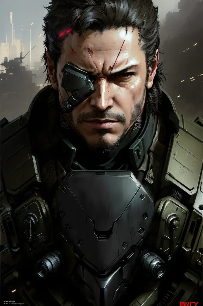 This is a portrait of a man with dark hair and a beard. He is wearing a black military-style uniform with a grey chest plate and shoulder pads. There is a red light on his forehead and an eyepatch over his right eye. He is looking at the viewer with a serious expression. The background is blurred, but it looks like there is a city in the distance.