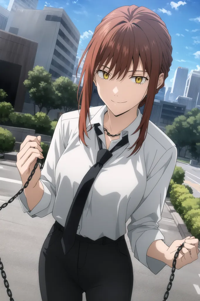 This is an image of a young woman with long brown hair and yellow eyes. She is wearing a white dress shirt and black pants. She is also wearing a tie and has a chain in each hand. The woman is standing in a city street with buildings in the background.