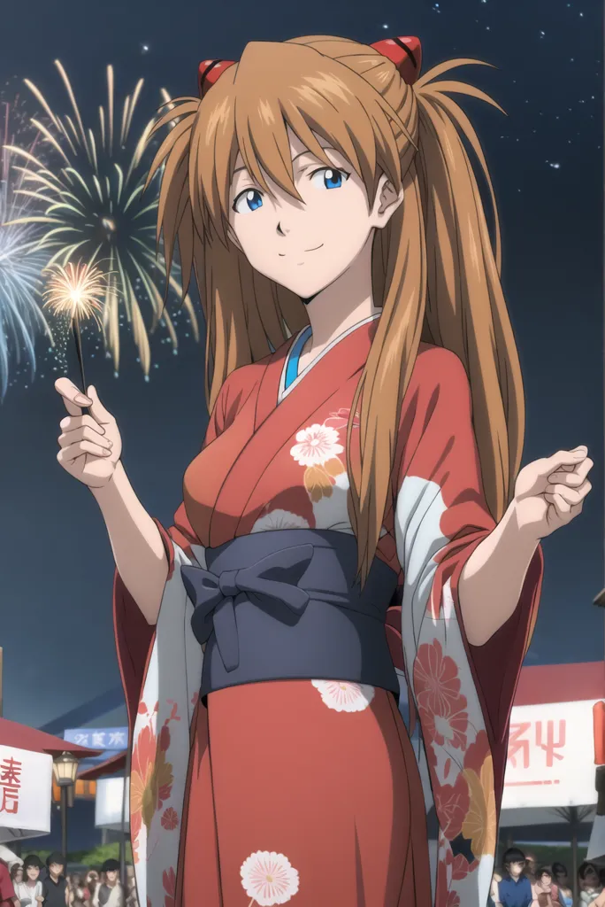 The image is of a young woman in a red kimono with white and pink floral designs. She has brown hair that is tied up in twin tails and blue eyes. She is holding a sparkler in her right hand and there are fireworks in the background. She is standing in a street with people on both sides and there are buildings and a night sky in the background.