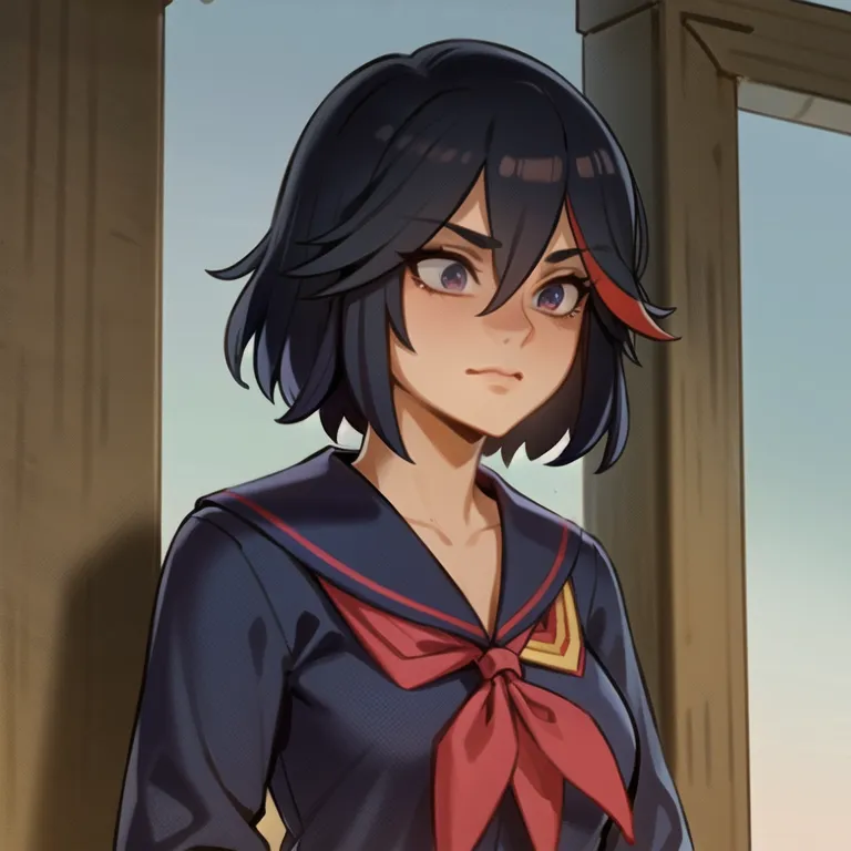 This is an image of a young woman with short black hair and purple eyes. She is wearing a blue sailor-style uniform with a red ribbon. She has a serious expression on her face. The background is blurred.