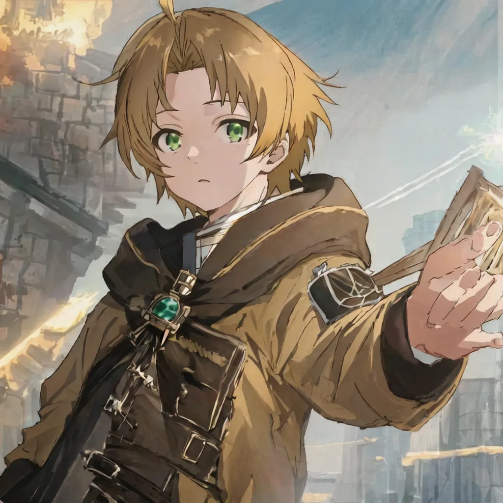 This is an image of a young boy with blond hair and green eyes. He is wearing a brown cloak and a green gem necklace. He is holding a book in his right hand. He is standing in front of a ruined city. The sky is orange and there are clouds of smoke in the background.