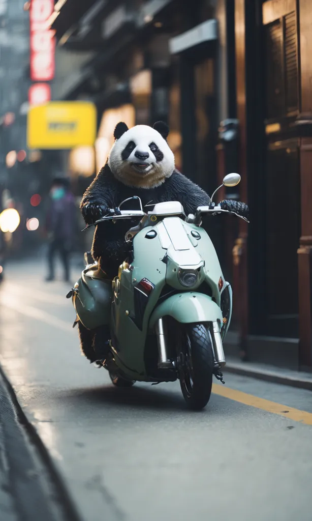 A panda is riding a green scooter down a city street. The panda is wearing a black helmet and sunglasses. The scooter has a black seat and a white headlight. The panda is riding in the middle of the street, and there are buildings and cars on either side. The panda is looking straight ahead.