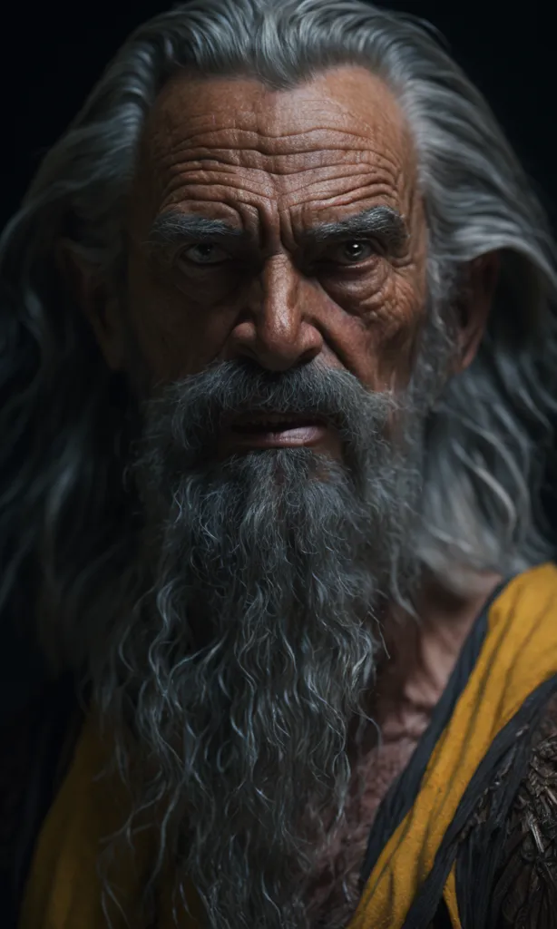 The image is a portrait of an old man with long white hair and beard. He has a yellow cloth around his neck and looks like a wizard or a sorcerer. His face is full of wrinkles and his eyes are dark and intense. He is looking at the viewer with a serious expression. The background is black and there is a spotlight on the man's face.