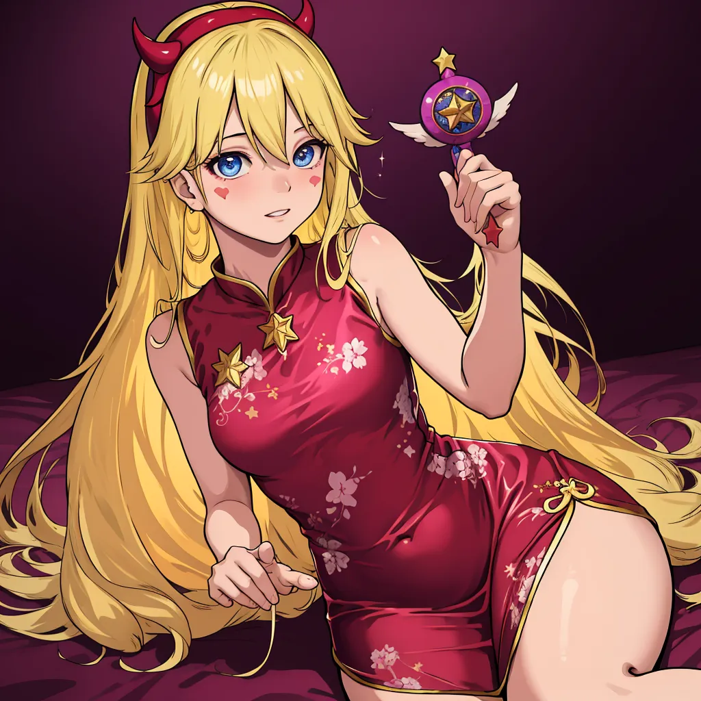 The image is of a young woman with long blonde hair and blue eyes. She is wearing a red cheongsam-style dress with a high collar and a slit up the side. She is also wearing a pair of red devil horns and a star-shaped wand. She is sitting on a bed with a purple coverlet and is smiling at the viewer.