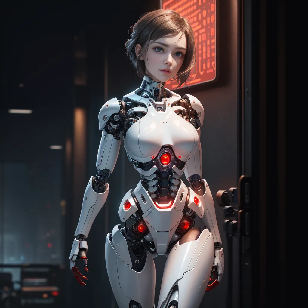 The image depicts a female gynoid standing in a dark room. She has short brown hair and red eyes. Her body is mostly white with some gray and red деталей. She is wearing a white bodysuit that covers her torso and legs. The bodysuit has a red circle in the center of her chest. She is also wearing a pair of white gloves. The gynoid is standing in front of a door. The door is made of metal and has a