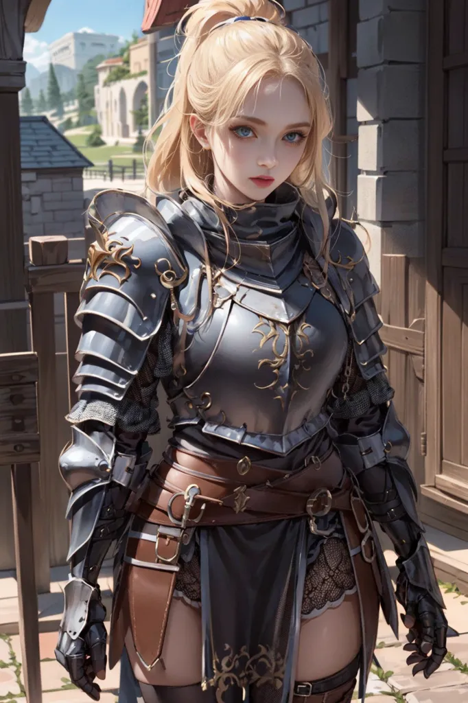 The image is of a beautiful young woman in medieval armor. She is standing in front of a stone building, and there is a village in the background. The woman is wearing a silver breastplate with intricate designs, and brown leather skirt and boots. She has a sword at her side and a shield on her back. Her blonde hair is pulled back in a ponytail, and she has a determined expression on her face. The image is both beautiful and inspiring, and it captures the strength and courage of women.