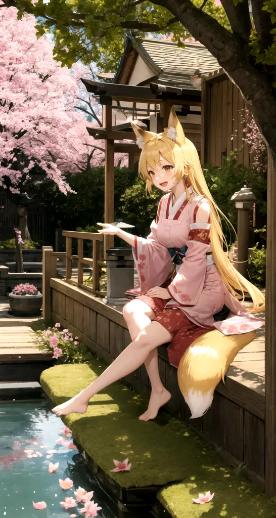 The image is of a beautiful young woman with long, flowing golden hair and fox ears. She is wearing a traditional Japanese kimono with a pink and white floral pattern. She is sitting on a wooden porch with her feet in a pond. The porch is surrounded by a lush garden with green trees and pink cherry blossoms. The woman is holding a teacup in her hands. She has a serene smile on her face and seems to be enjoying the peace and tranquility of the garden.