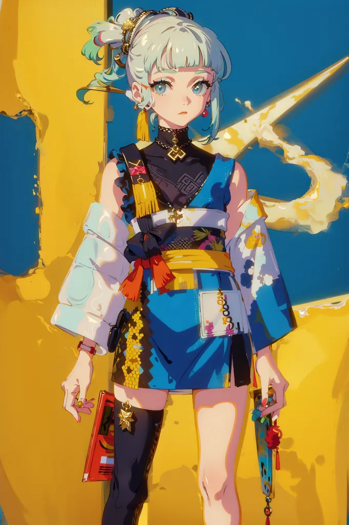 The image is a painting of a young woman in a blue and white kimono with yellow and red accents. She has long green and blue hair and blue eyes. She is standing in front of a yellow background, and there are some yellow and blue objects floating around her. She is holding a red and white object in her right hand and a blue and white object in her left hand.