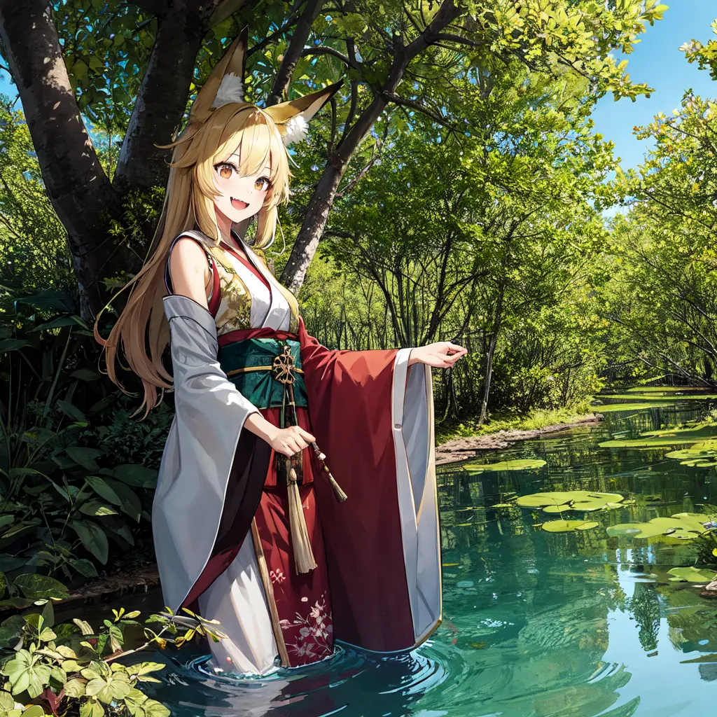 The image is a beautiful anime girl with fox ears and a kimono standing in a pond. She has a smile on her face and is looking at the camera. She is wearing a white and red kimono with a green obi. Her hair is long and yellow, and she has fox ears. The pond is surrounded by trees and plants, and the sun is shining brightly. The water in the pond is clear and blue-green, and there are lily pads floating on the surface.