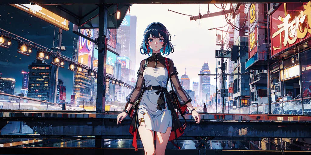 A imagem é uma pintura de uma jovem mulher em pé sobre uma ponte em uma cidade cyberpunk. Ela está vestindo um vestido branco com um casaco preto e tem cabelos e olhos azuis. A cidade está ao fundo e é repleta de edifícios altos e luzes de néon. A pintura é feita em um estilo realista e as cores são vibrantes e realistas.