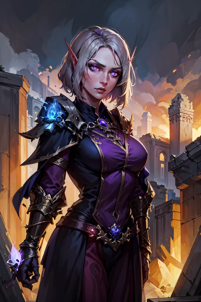 This is an image of a female blood elf from the Warcraft video game series. She is wearing a purple and black outfit and has silver hair and purple eyes. She is standing in a ruined city with a determined expression on her face.