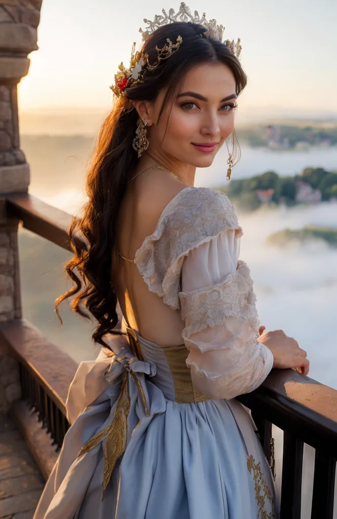 The image shows a young woman wearing a light blue dress with a white camisole and a gold crown. She has long brown hair and green eyes. She is standing on a balcony and looking at the view. There is a river in the background.