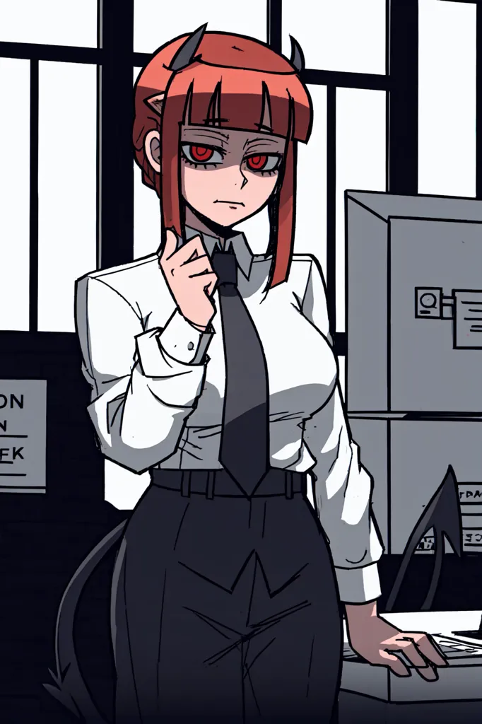 The image shows a female character with red hair and horns wearing a white dress shirt, black pants, and a black tie. She is standing in an office, with a computer on the desk behind her. She has a serious expression on her face.