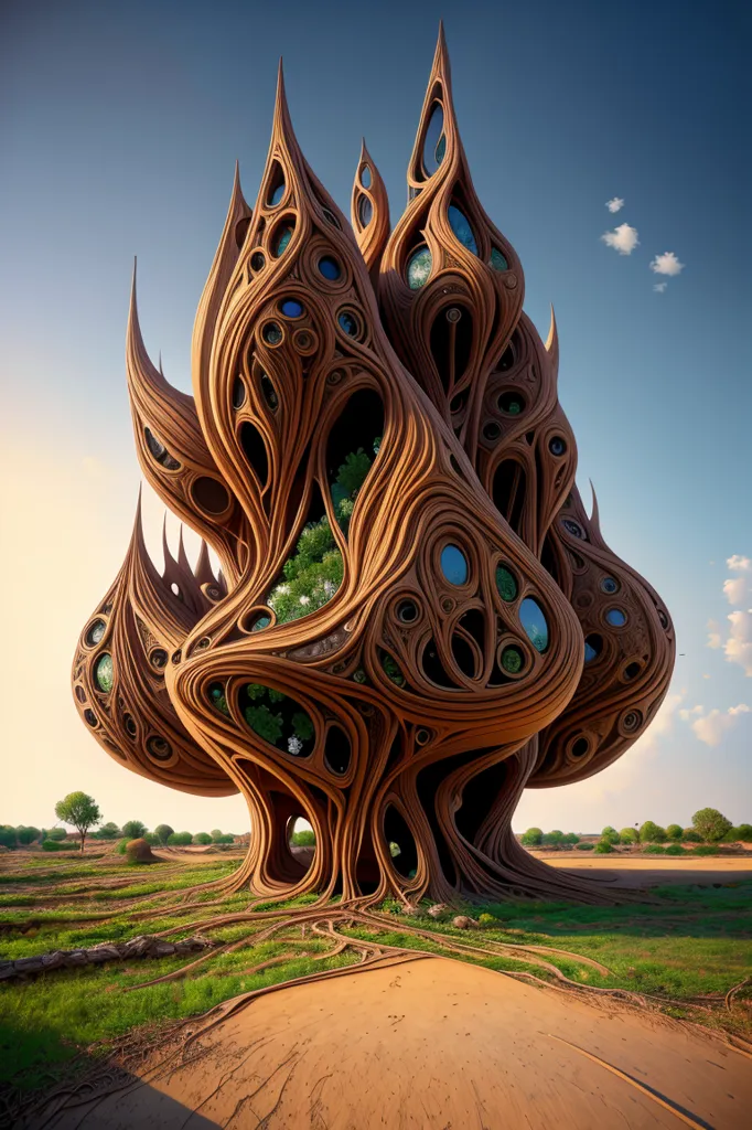 La imagen es un paisaje surrealista con una estructura orgánica y grande en el centro. La estructura está hecha de madera y tiene una forma bulbosa, con varias aberturas circulares grandes. La estructura está rodeada por un campo de hierba con un pequeño parche de árboles en el fondo. El cielo es azul y hay algunas nubes a lo lejos.