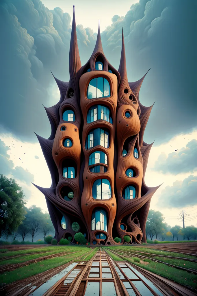 La imagen es una representación surrealista de una torre alta y de aspecto orgánico. La torre está compuesta por una serie de esferas y tubos interconectados, y tiene una gran puerta abierta en la base. La torre está rodeada por un campo de hierba, y hay árboles y nubes en el fondo. Hay vías de tren frente a la torre. La imagen está renderizada en un estilo realista, y los colores son apagados y naturales.