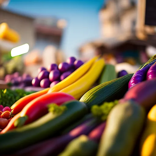 There is a colorful variety of fresh produce on display at a farmer's market. There are green cucumbers, red and yellow peppers, purple eggplants, and yellow bananas. The produce is arranged in a visually appealing way and there is a sense of abundance.