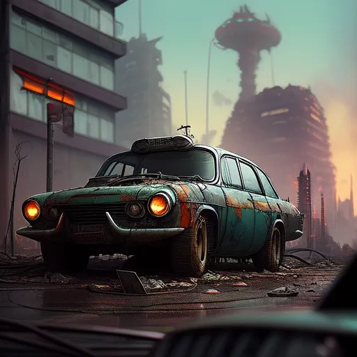 L'image montre une ville post-apocalyptique. La ville est en ruines, avec des bâtiments détruits et des débris partout. Le ciel est sombre et il y a des nuages d'orage à l'horizon. Il y a une voiture abandonnée avec une carrosserie verte rouillée et des phares cassés. La voiture est recouverte de poussière et a un pneu crevé. L'image est très détaillée et capture le sentiment d'une ville désolée et abandonnée.