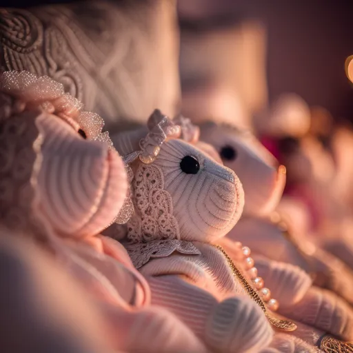 The image shows a group of handmade stuffed animals. They are made of white and pink fabric and have black bead eyes. The animals are dressed in fancy clothes and have bows or ribbons on their heads. They are arranged in a row. The background is blurry and looks like it is a wall. The image is taken from a close-up angle.