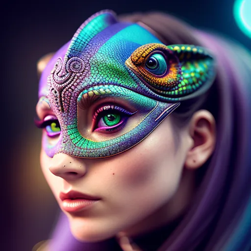 The image is a portrait of a woman wearing a colorful mask. The mask is in the shape of a chameleon, with green, blue, and purple scales. The woman's eyes are green and her lips are pink. She has long, black hair. The background is dark blue.