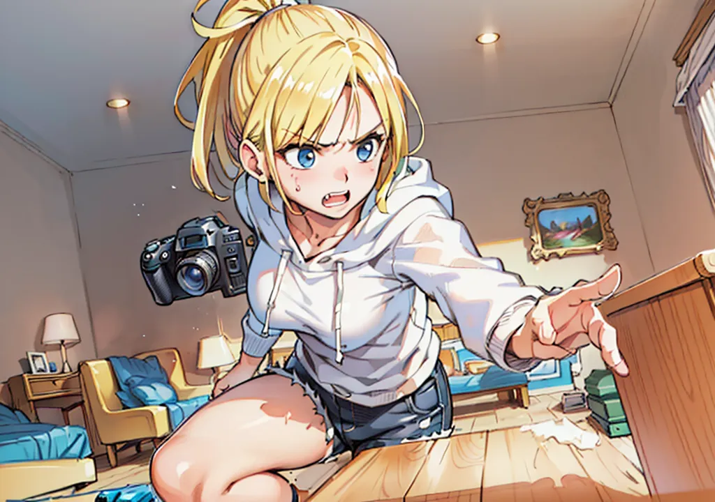 A young woman with blonde hair and blue eyes is crouching in a room. She is wearing a white hoodie, blue jean shorts, and a yellow backpack. She has a camera in her hand and is looking at something off-screen with a worried expression. The room is messy, with clothes and other objects strewn about. There is a bed, a dresser, and a nightstand in the room.