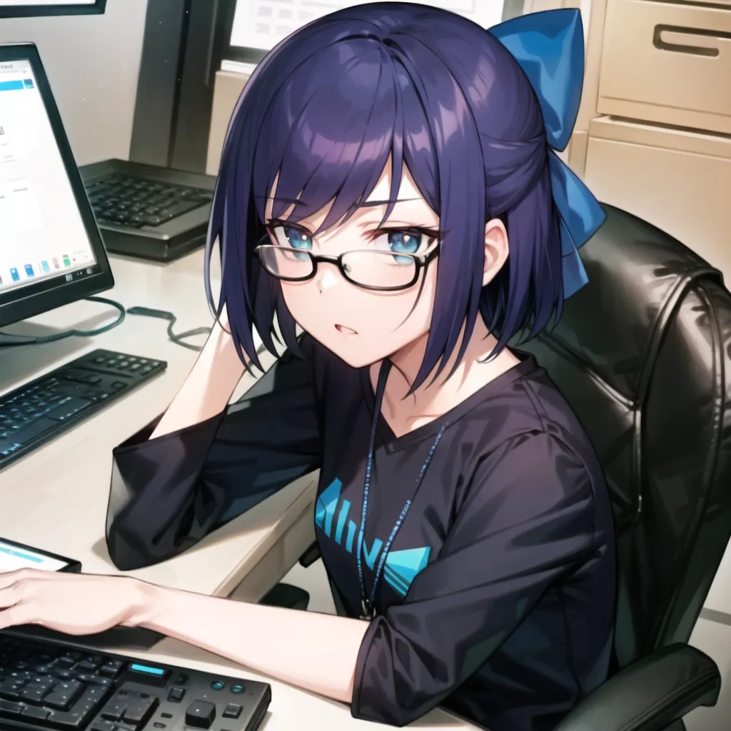 L'image montre une jeune femme assise sur un fauteuil de bureau et travaillant sur son ordinateur. Elle a les yeux bleus et les cheveux violets attachés en queue de cheval. Elle porte des lunettes, un t-shirt noir et un nœud bleu. Elle tape sur son clavier d'une main et a l'autre main posée sur le menton. Elle a une expression sérieuse sur le visage. Il y a deux écrans d'ordinateur derrière elle.