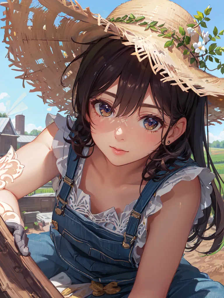 A young girl with long brown hair and brown eyes is wearing a straw hat with white flowers on the brim. She is also wearing a white blouse and blue overalls. She is standing in a field of wheat and there is a windmill in the background. The girl is smiling and looks happy.