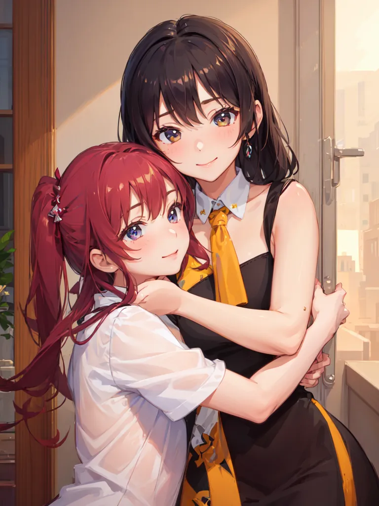 This image shows two young women standing close to one another in a room. The woman on the left has long red hair tied back in a ponytail. She is wearing a white button-down shirt that is partially untucked. The woman on the right has long black hair and is wearing a black dress with a yellow tie. She has her arms wrapped around the woman in the red hair's waist. Both women have light skin and are smiling at one another.