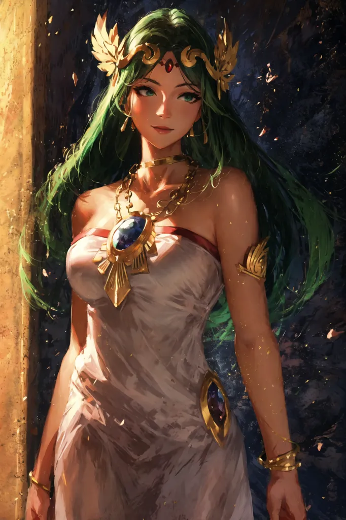 The image is of a young woman with long green hair and green eyes. She is wearing a white dress with a gold necklace and a gold tiara. She is standing in front of a stone wall with a golden door. The woman is smiling and has a confident expression on her face.