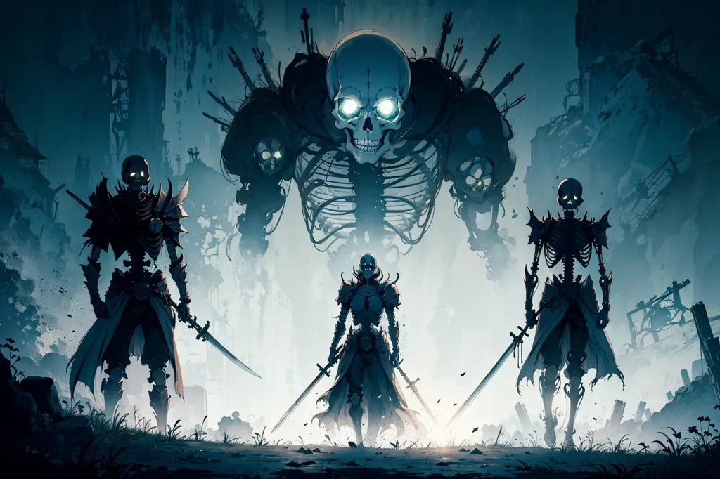 The image is a dark fantasy illustration of four skeletal figures. The largest is in the middle and has a glowing blue skull and multiple skulls attached to its body. It is surrounded by three smaller skeletons, each of which is holding a sword. The background is a ruined city with large buildings and towers.