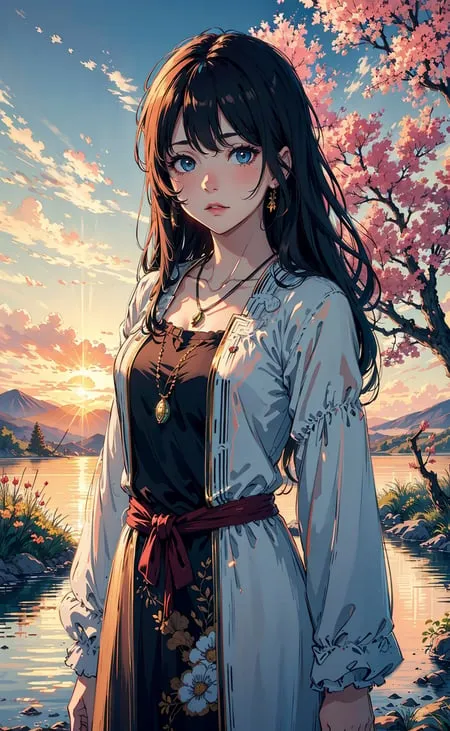 The image is of a beautiful young woman with long, dark hair and blue eyes. She is wearing a white dress with a red sash and a long necklace. She is standing in a field of flowers with a lake and mountains in the background. The sun is setting, and the sky is a gradient of orange, pink, and purple. The image is peaceful and serene.