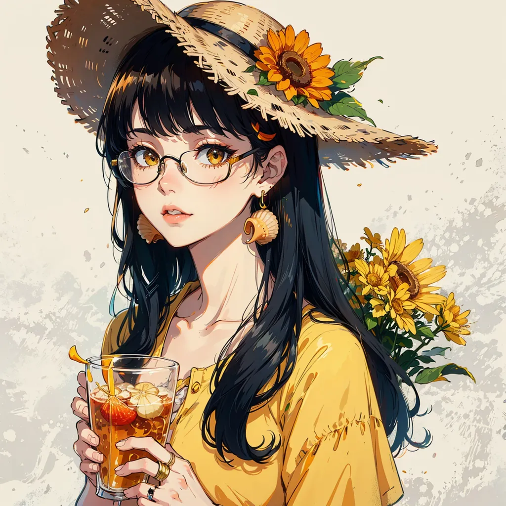 La imagen es de una hermosa mujer joven con cabello negro largo y ojos marrones. Lleva un vestido amarillo y un sombrero de paja con un girasol. También lleva gafas y un pendiente de concha marina. Sostiene un vaso de té helado en su mano derecha. Hay girasoles de fondo. La imagen está dibujada en un estilo realista y los colores son vibrantes y brillantes.