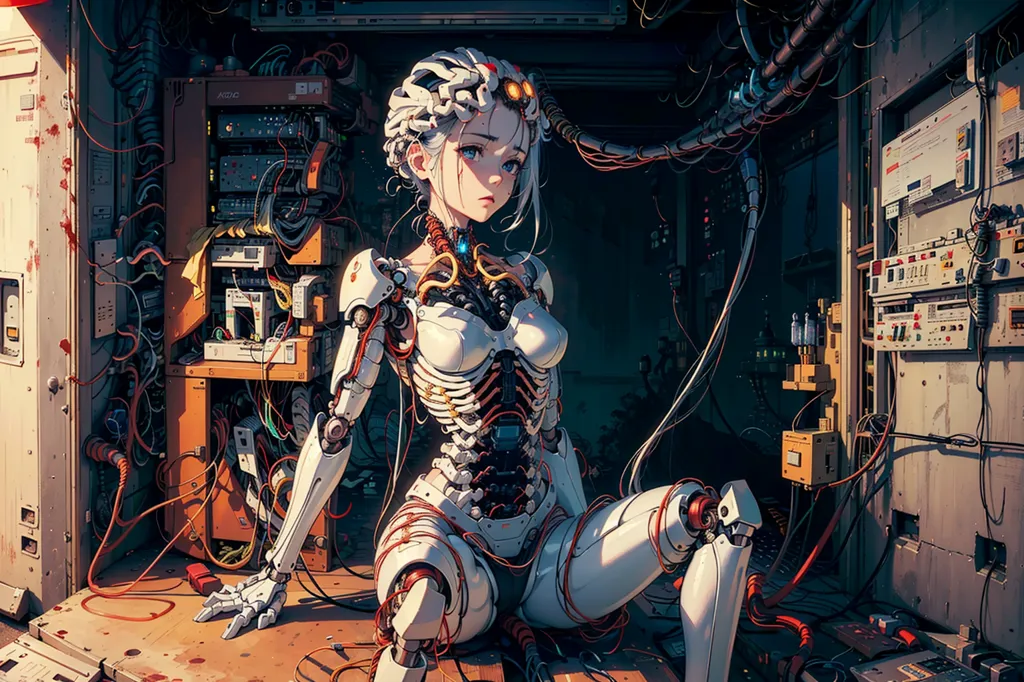 The image is a depiction of a female cyborg. She is sitting in a dark room, surrounded by machinery and wires. The cyborg's body is mostly mechanical, with a few organic parts remaining. Her skin is pale, and her eyes are a light blue color. She has a small, sad expression on her face. The image is a still frame from an anime, and it is unclear what is happening in the scene.